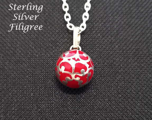 Harmony Necklace, Red Harmony Ball with Sterling Silver Filigree - Click Image to Close
